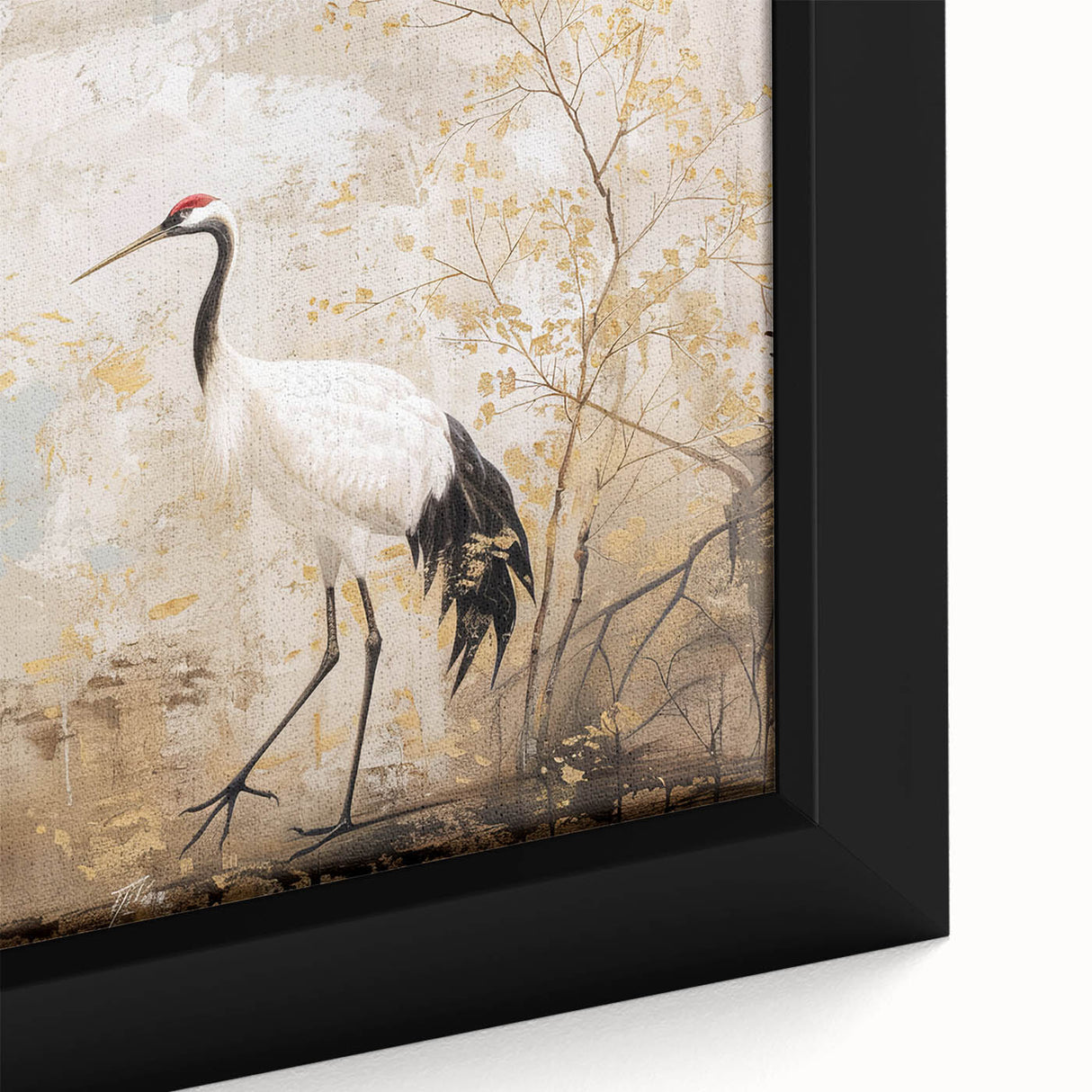 Framed wall art featuring an elegant close-up of a crane design on a textured canvas, showcasing intricate details and vibrant colors ideal for home decor.