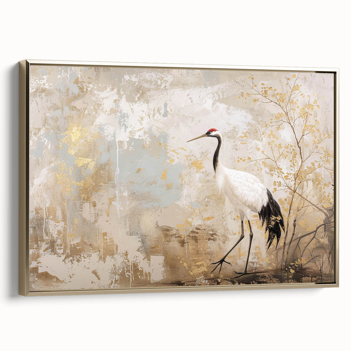 Framed canvas wall art featuring a golden crane design, showcasing elegant lines and textures, perfect for modern home decor and accentuating living spaces.