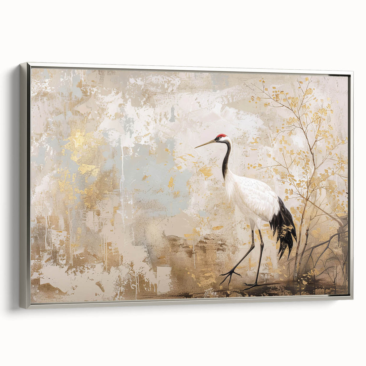 Framed canvas wall art showcasing an elegant silver crane design, highlighting intricate details and a modern aesthetic, perfect for home decor enhancement.