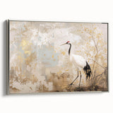 Framed canvas wall art showcasing an elegant silver crane design, highlighting intricate details and a modern aesthetic, perfect for home decor enhancement.