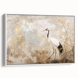 Framed wall art featuring a striking crane design on a white canvas, showcasing intricate details and vibrant colors, ideal for modern home decor.
