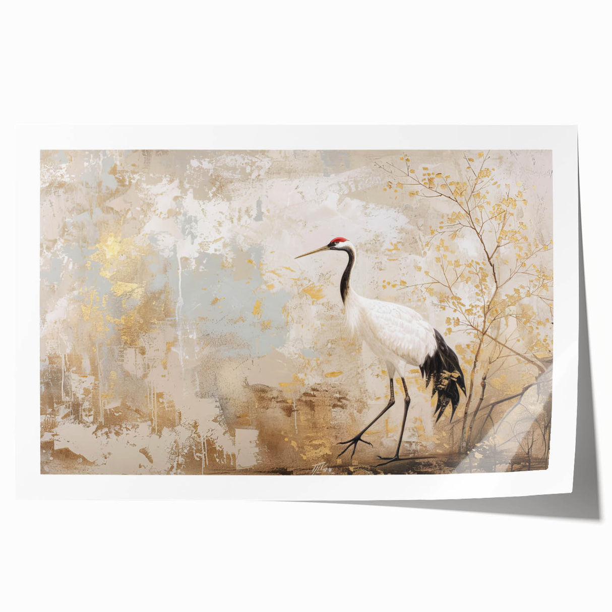 Elegant rolled print of a crane design from the Birds Crane Wall Art Collection, showcasing intricate details and vibrant colors, ideal for home decor enhancement.