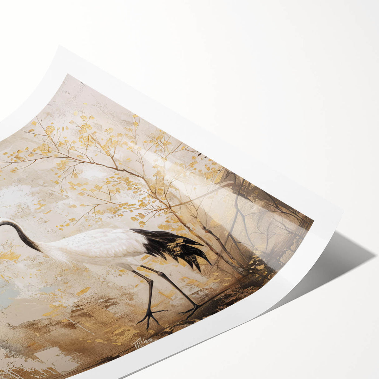 Elegant rolled print showcasing a crane design, featuring intricate details and soft pastel colors, ideal for enhancing modern home decor or art collections.