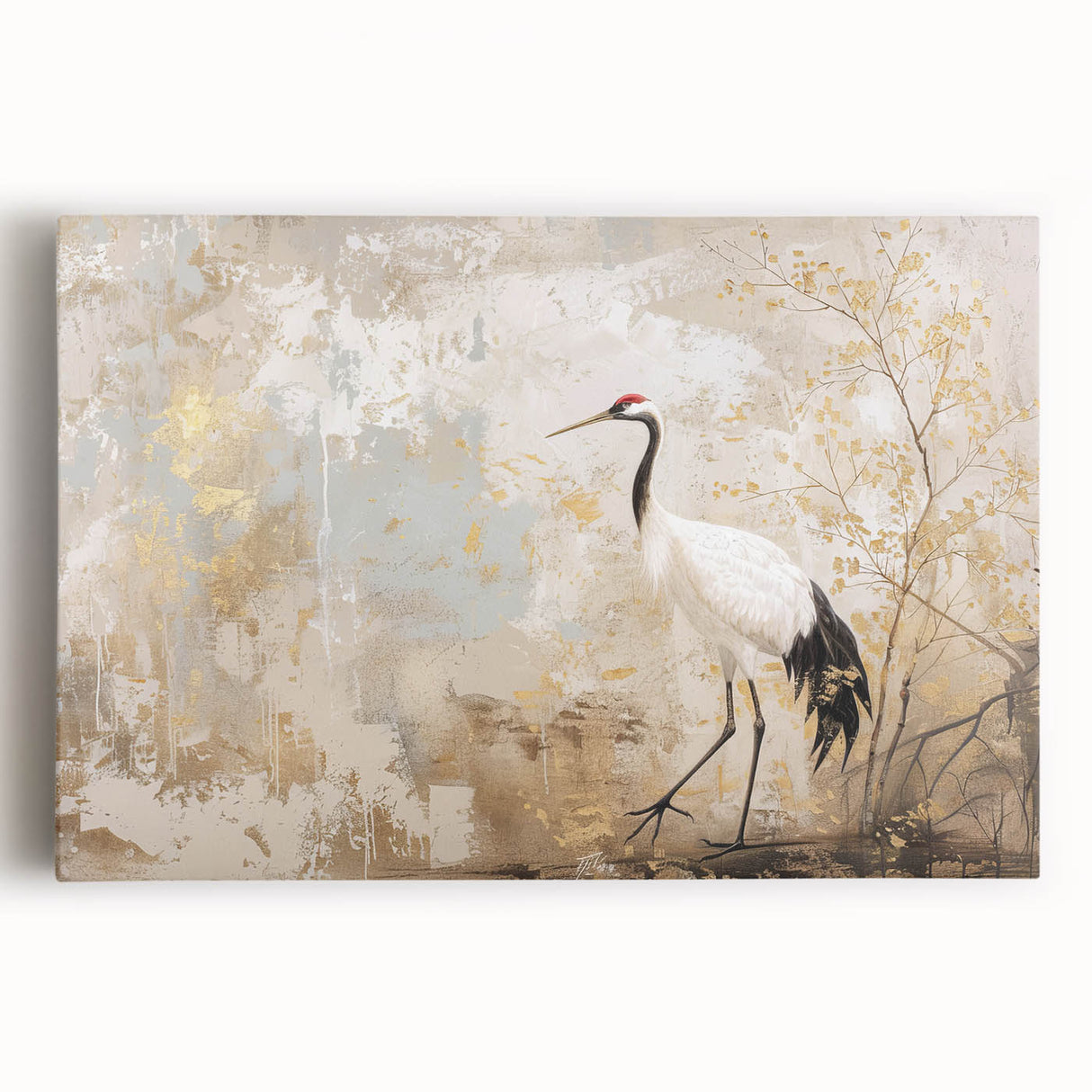 Elegant stretched canvas wall art featuring a graceful crane design, showcasing intricate details and vivid colors, perfect for modern home decor.