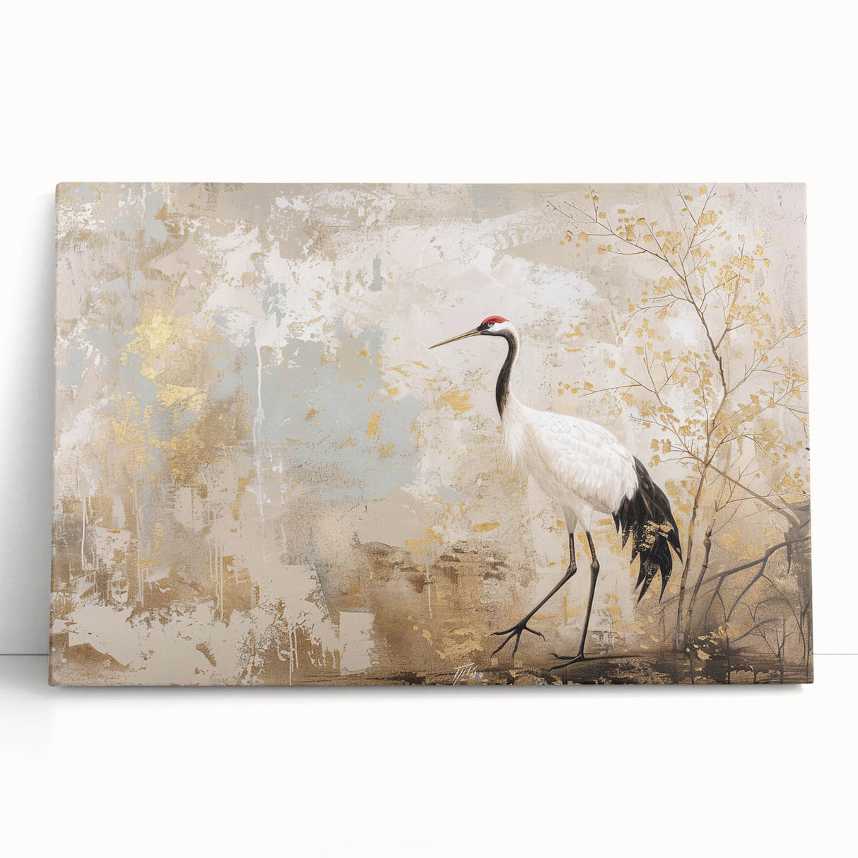 Elegant wall art featuring a crane design on stretched canvas, showcasing soft pastels and intricate details, perfect for enhancing modern home decor.