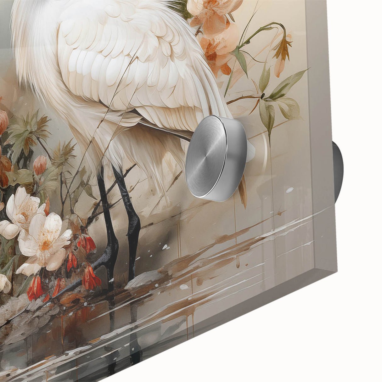 Close-up of a stunning crane design wall art piece made of acrylic glass, showcasing vibrant colors and intricate details, perfect for modern decor.