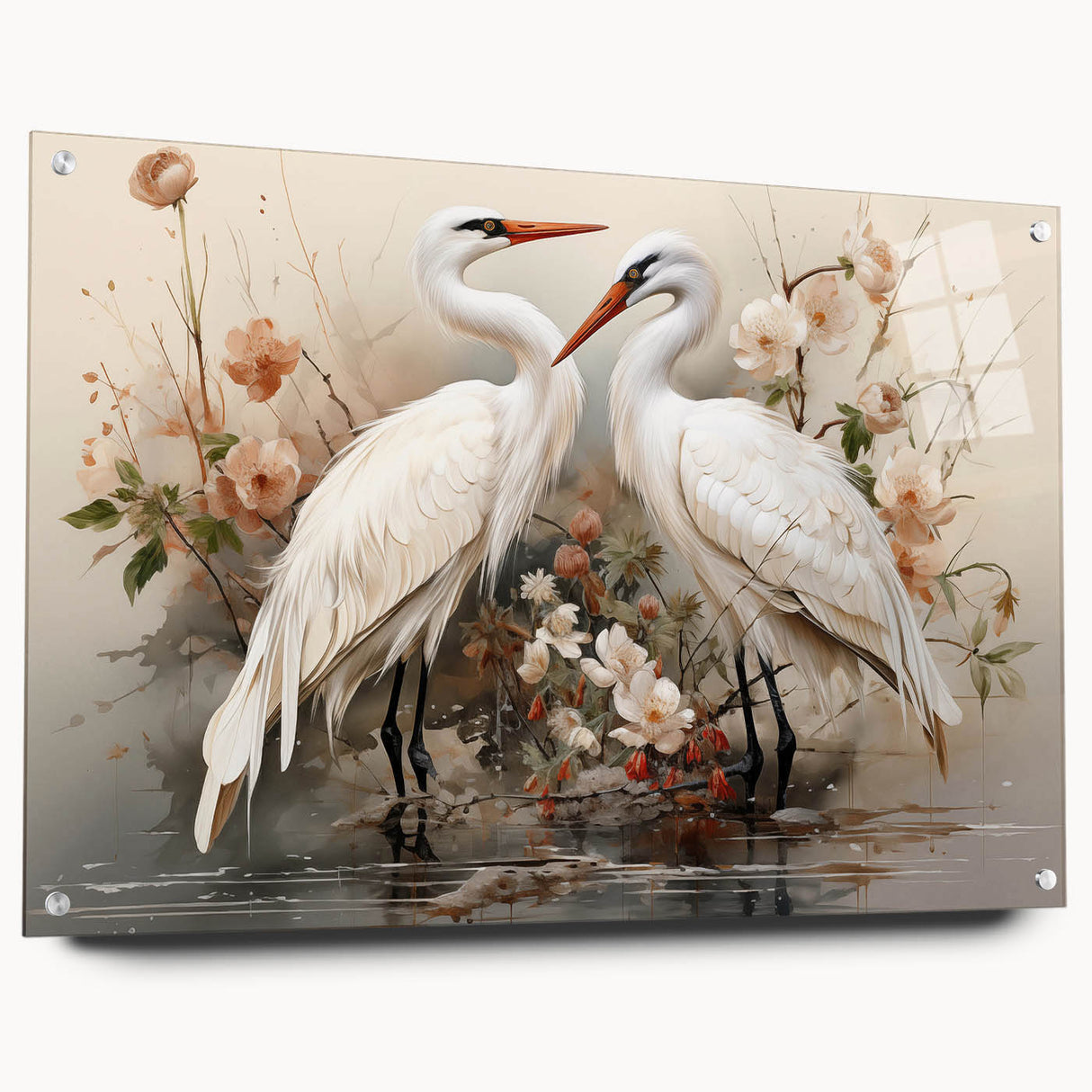 Elegant wall art featuring a side view of a crane design, crafted from acrylic glass and showcased with stylish pins, perfect for modern decor. The artwork combines vibrant colors and intricate details, enhancing any space with a touch of sophistication and nature-inspired design.