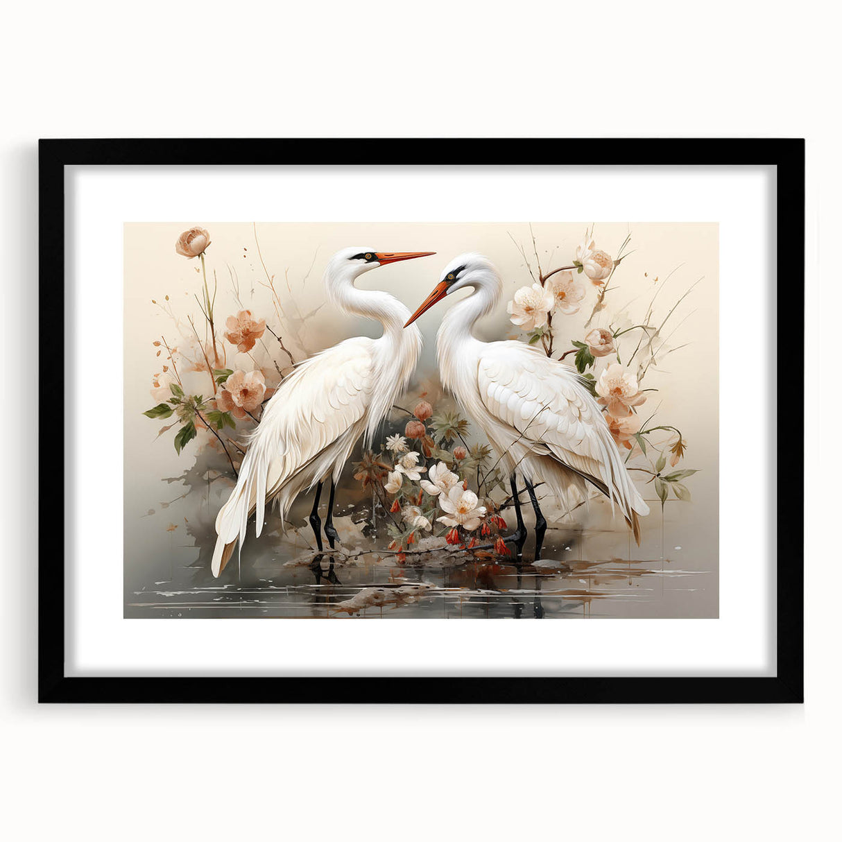 Elegant framed wall art featuring a crane design against a sleek black background, perfect for modern decor. Ideal for bird lovers and home embellishment.