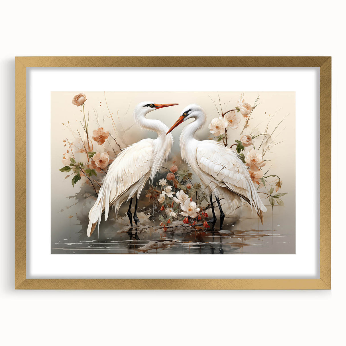 Framed wall art featuring a stunning crane design, elegantly displayed with a gold mat, perfect for adding sophistication to home decor.