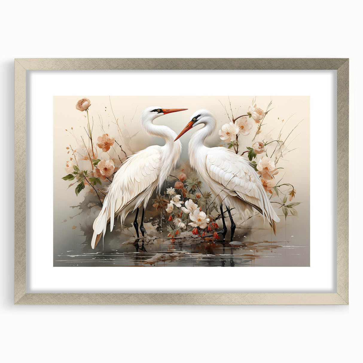 Framed wall art featuring an elegant crane design in silver, showcasing intricate details and a sophisticated mat, perfect for enhancing modern home decor.