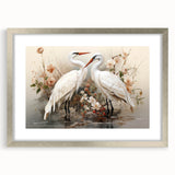 Framed wall art featuring an elegant crane design in silver, showcasing intricate details and a sophisticated mat, perfect for enhancing modern home decor.