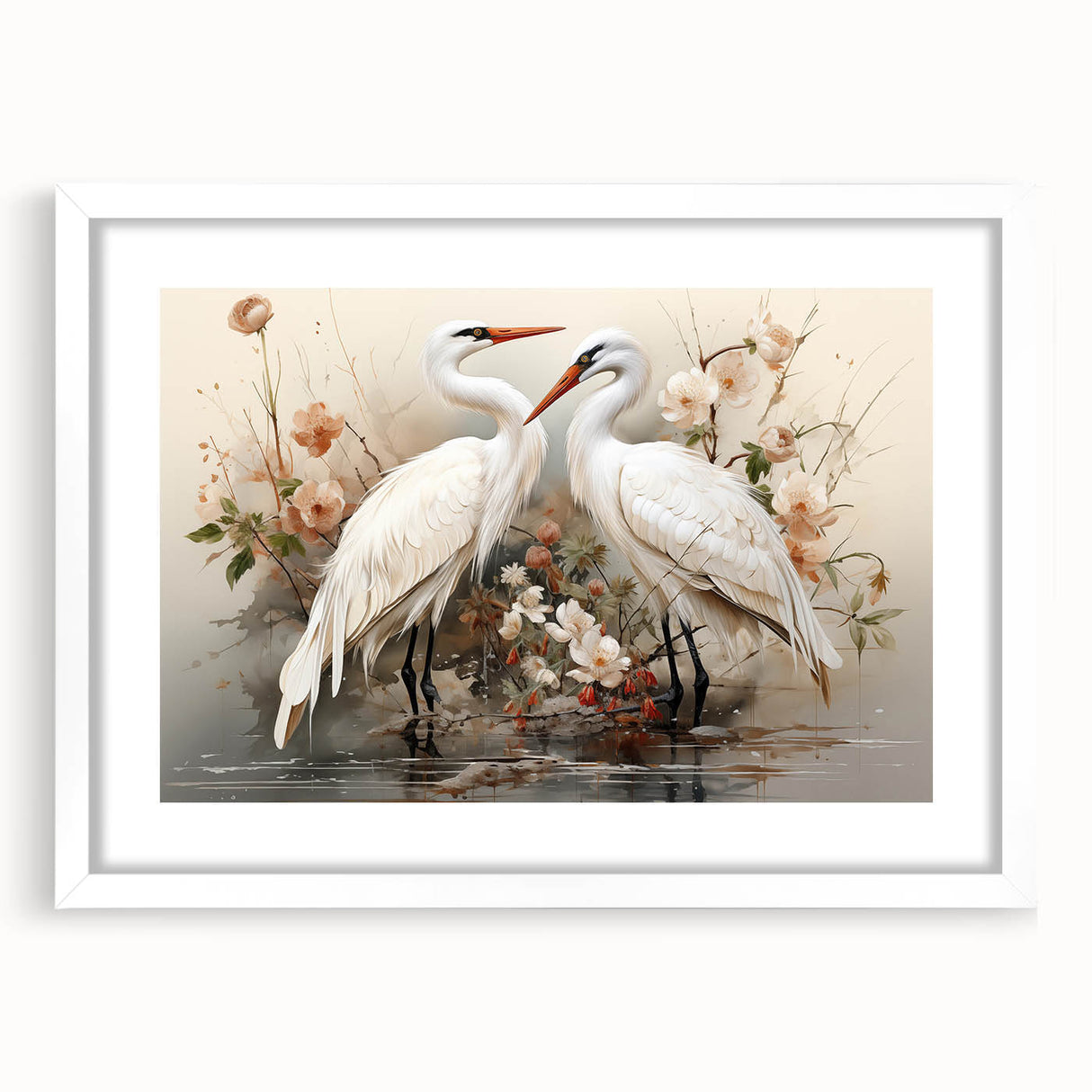Elegant wall art featuring a crane design in a sleek white frame with a mat, showcasing intricate details against a minimalist backdrop. Perfect for modern home decor, this piece adds a touch of sophistication and nature-inspired aesthetics to any room.