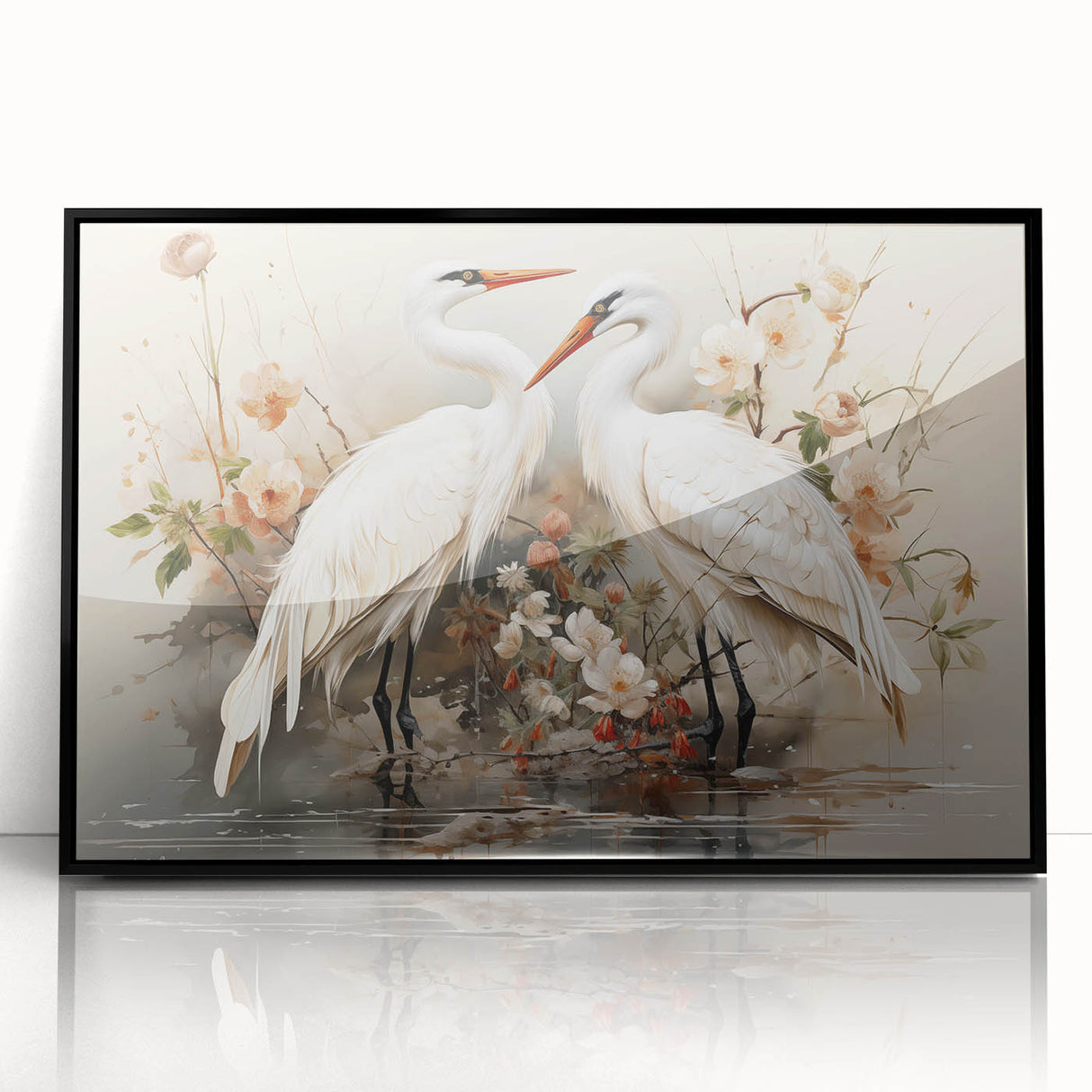 Framed wall art featuring a striking crane design in black acrylic, showcasing elegant lines and vibrant colors, perfect for modern home decor.