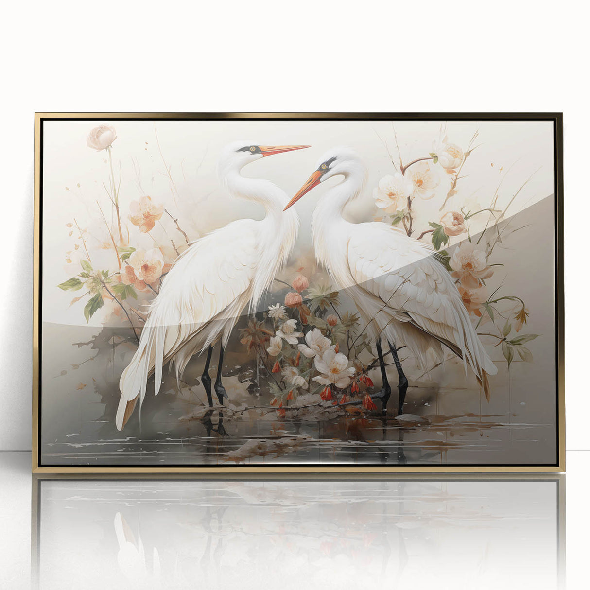 Framed wall art featuring an elegant crane design in gold tones, showcasing a modern aesthetic for home decor. Ideal for enhancing living spaces or offices.