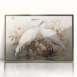 Framed wall art featuring an elegant crane design in gold tones, showcasing a modern aesthetic for home decor. Ideal for enhancing living spaces or offices.
