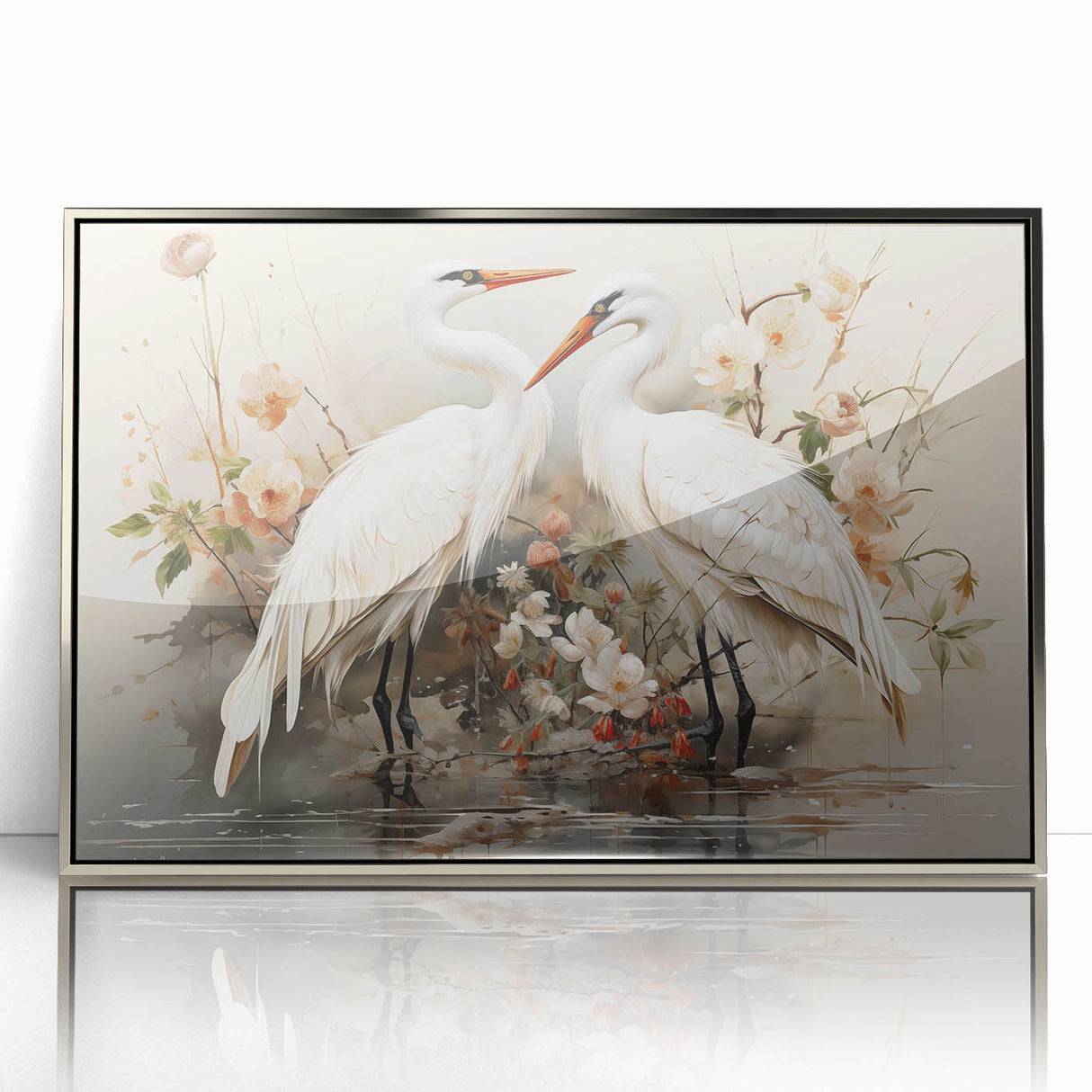Framed wall art featuring an elegant crane design with silver acrylic accents, showcasing a modern aesthetic for stylish home decor. Ideal for enhancing any interior space.
