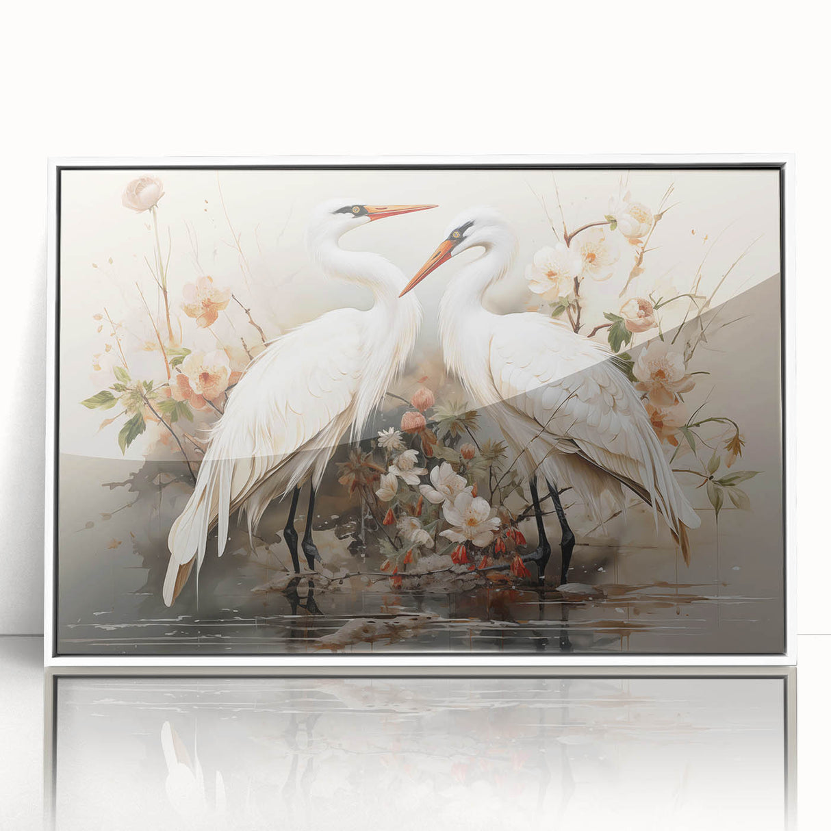 Framed wall art featuring a striking crane design in acrylic, displayed against a clean white background, perfect for modern home decor. Ideal for bird lovers.