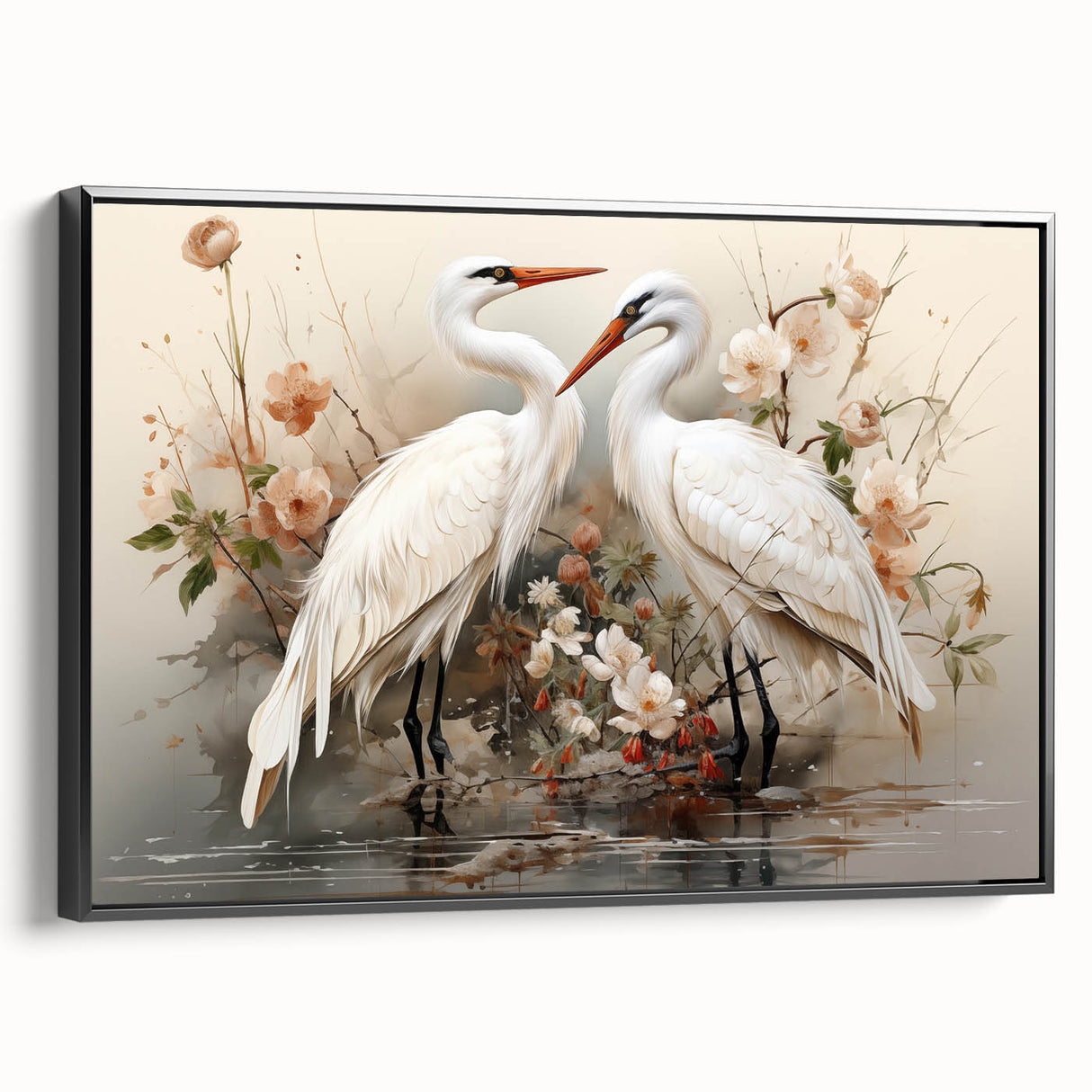 Framed canvas wall art featuring an elegant crane design in a sleek black frame, showcasing intricate details and a modern aesthetic, perfect for home decor.