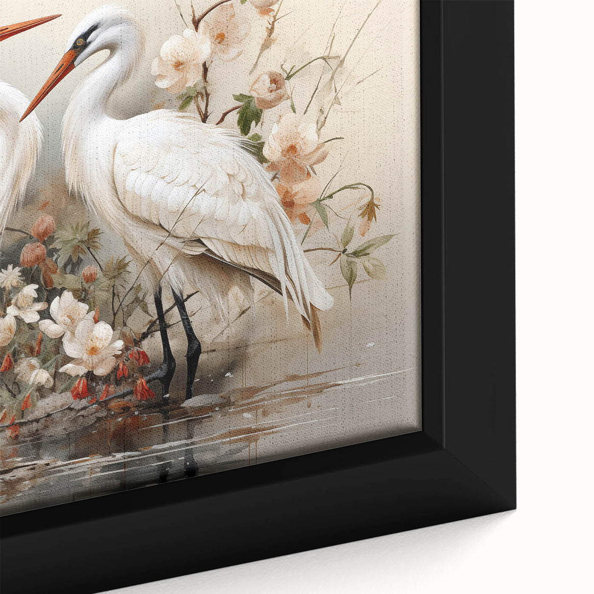 Close-up of a framed canvas wall art depicting an elegant crane design in soft pastel colors, showcasing intricate details and textures, perfect for modern decor.