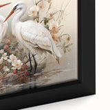 Close-up of a framed canvas wall art depicting an elegant crane design in soft pastel colors, showcasing intricate details and textures, perfect for modern decor.