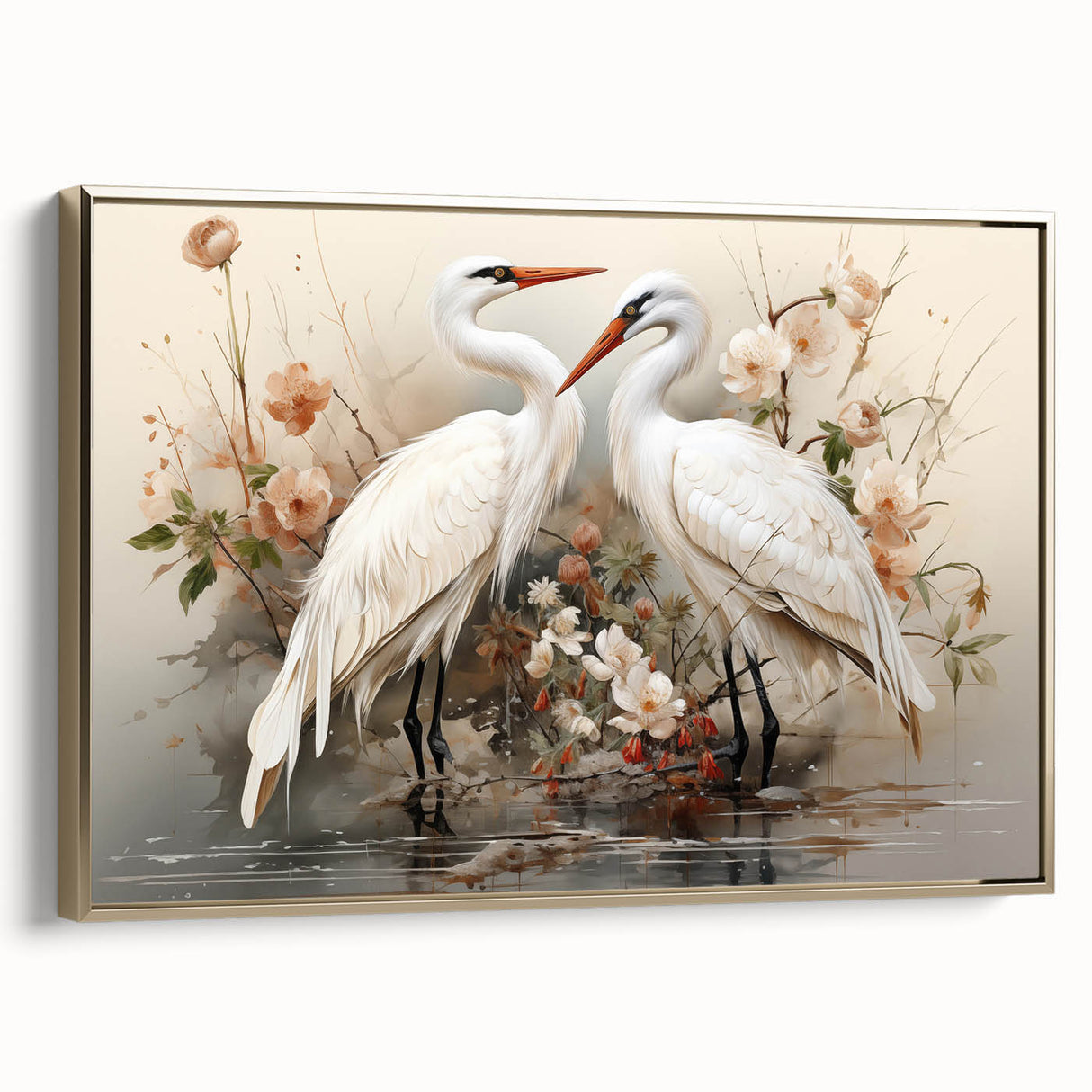 Framed wall art featuring an elegant crane design in gold tones, showcasing intricate details and textures, perfect for modern decor and art enthusiasts.