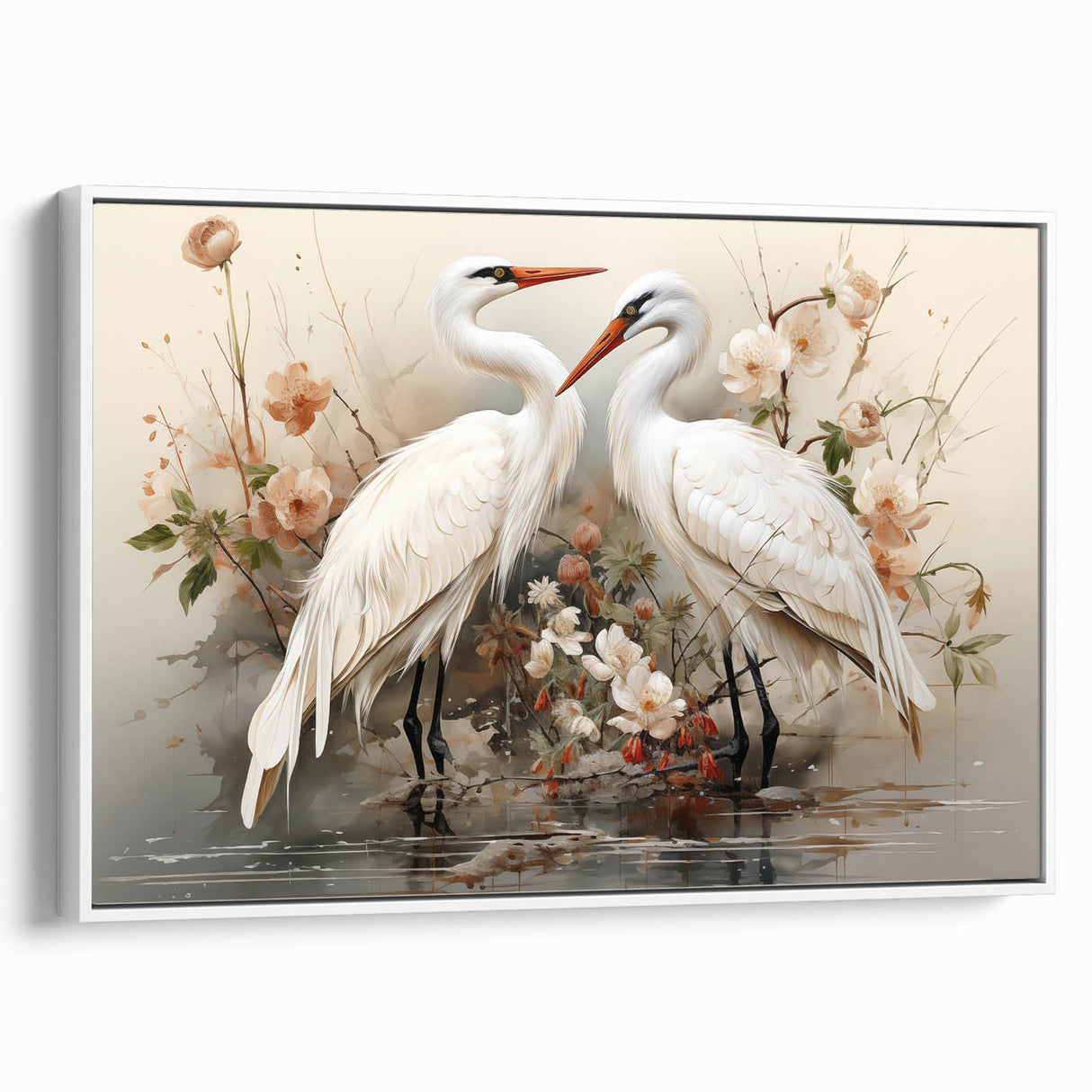 Framed wall art canvas showcasing elegant crane designs in a modern style, featuring a white frame and side view display, perfect for home decor.