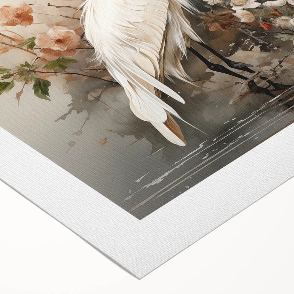 Elegant rolled canvas showcasing a vibrant crane design, featuring intricate details and rich colors, ideal for enhancing modern home decor aesthetics.