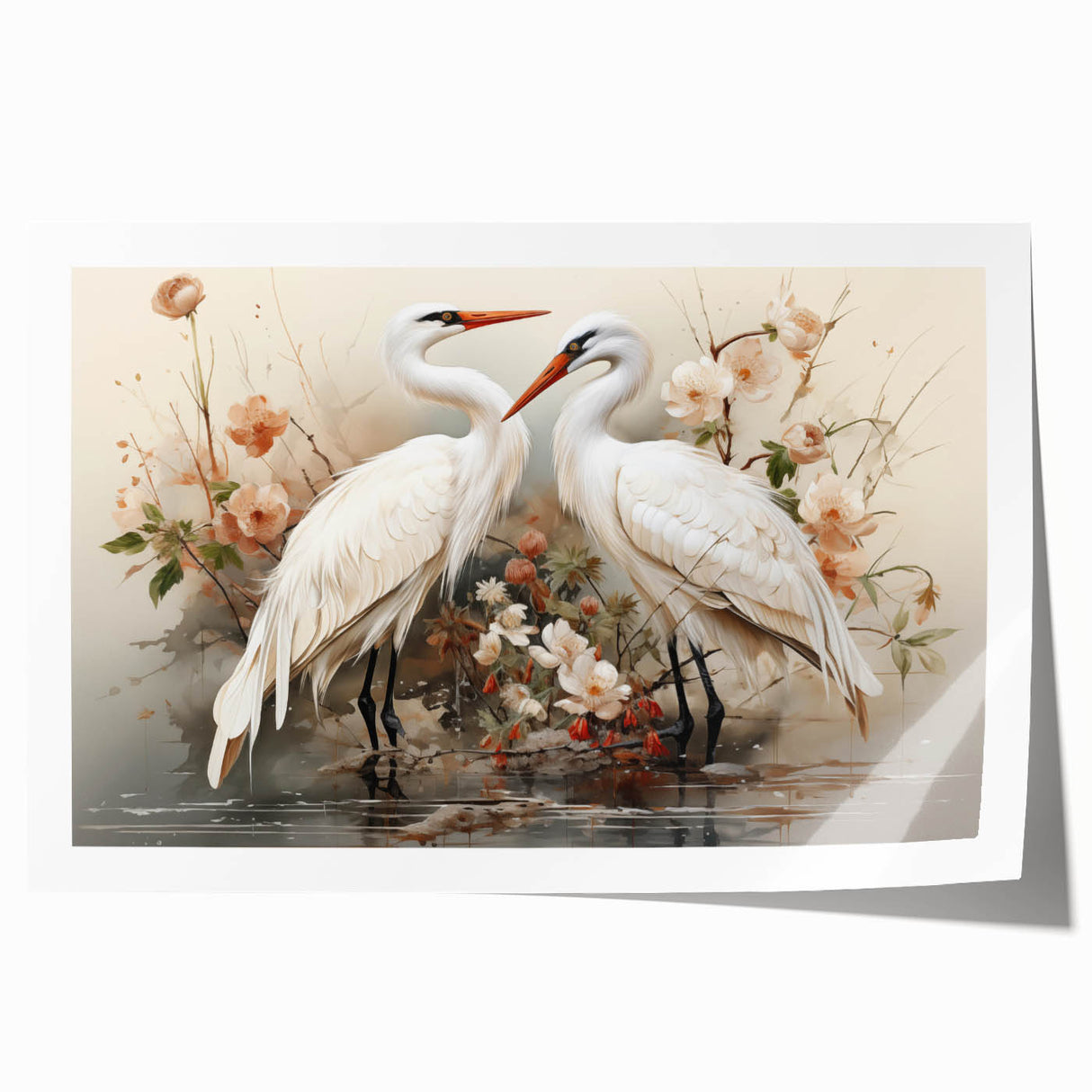 Elegant crane design wall art print showcasing intricate details and vibrant colors, offered in a rolled format for easy framing. Ideal for enhancing modern home decor.