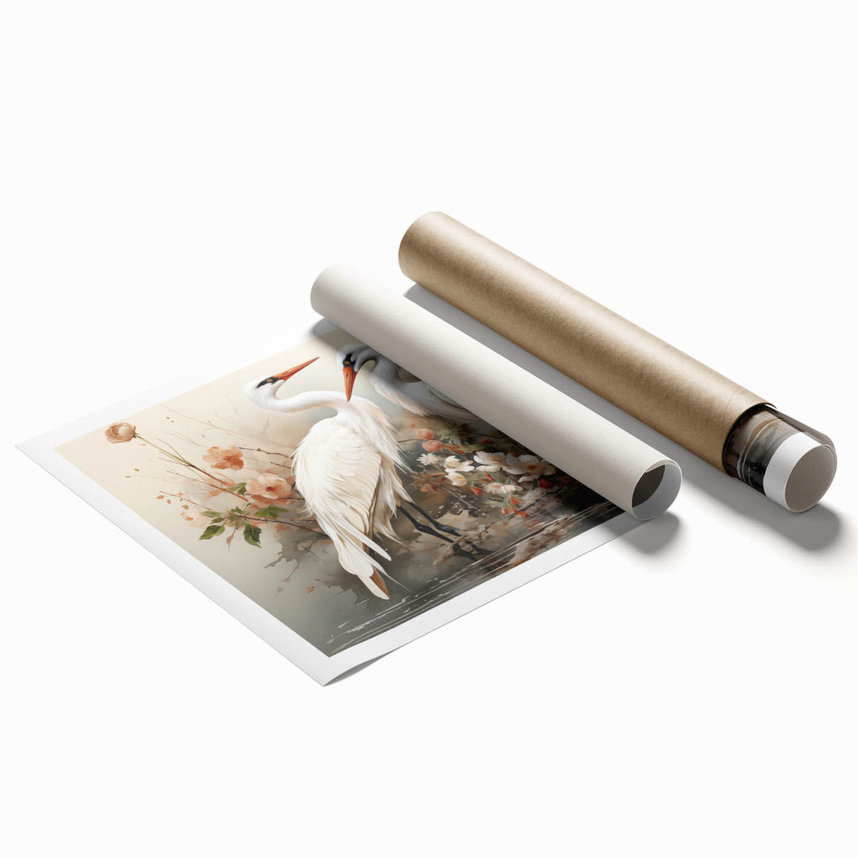 Elegant rolled print showcasing a serene crane design in a muted color palette, perfect for enhancing contemporary home decor. The artwork is carefully packaged in a durable cardboard tube for safe delivery.