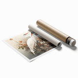 Elegant rolled print showcasing a serene crane design in a muted color palette, perfect for enhancing contemporary home decor. The artwork is carefully packaged in a durable cardboard tube for safe delivery.