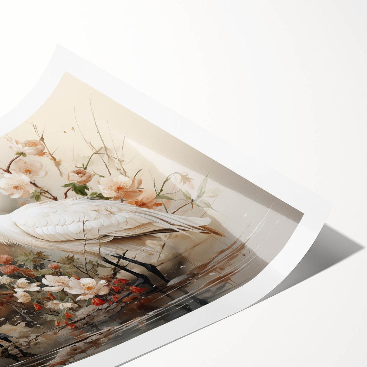 Elegant rolled print featuring a crane design in vibrant colors, showcasing intricate details of the artwork, perfect for enhancing home decor or art collections.