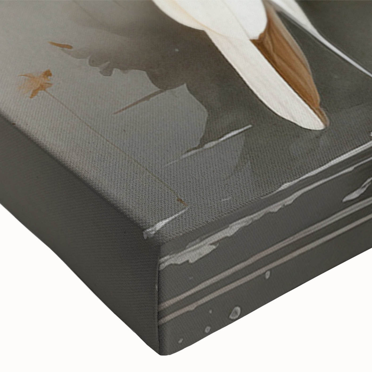 Close-up of a stretched canvas artwork featuring an elegant crane design with intricate details, showcasing vibrant colors and textures, ideal for home decor or art enthusiasts.