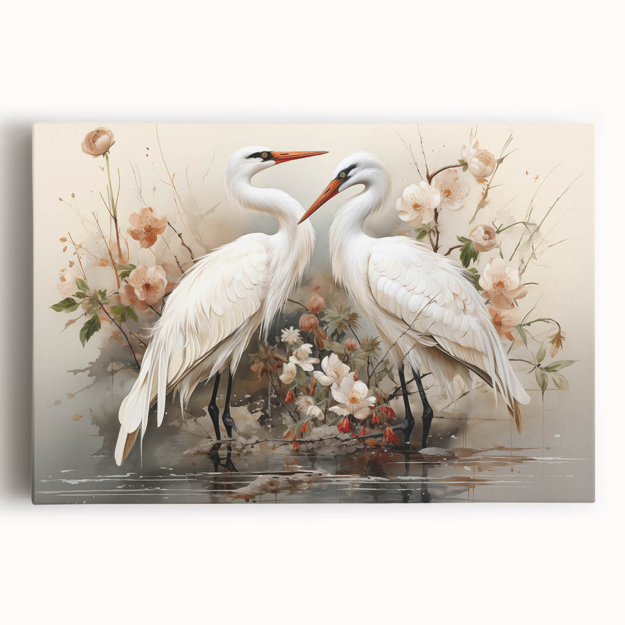 Stretched canvas wall art showcasing an elegant crane design in soft pastel colors, perfect for enhancing modern home decor and creating a serene atmosphere.
