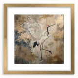 Framed wall art featuring a graceful crane design in gold tones, elegantly displayed with a white mat, perfect for enhancing home decor with a touch of sophistication.