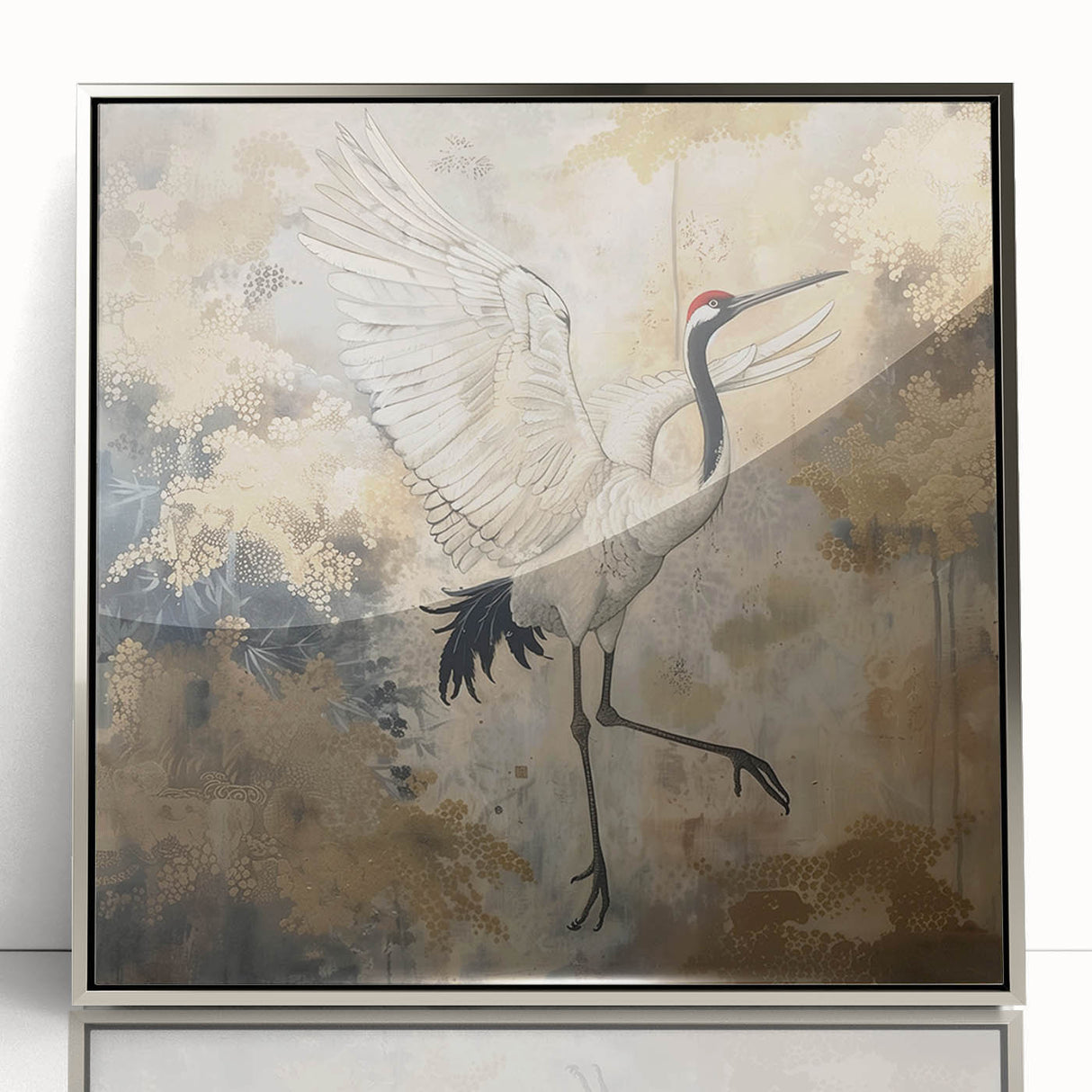 Framed wall art featuring a contemporary design of elegant cranes in silver tones, set in an acrylic frame, perfect for modern home decor.