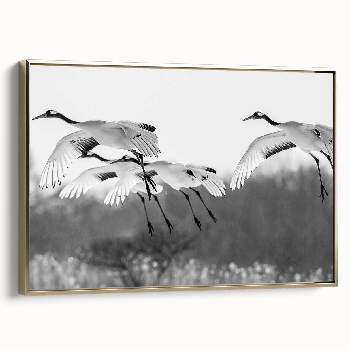 Framed wall art featuring an elegant crane design in gold tones, showcasing a contemporary aesthetic with a side view that highlights the intricate details and craftsmanship of the piece. Ideal for modern home decor and art enthusiasts.