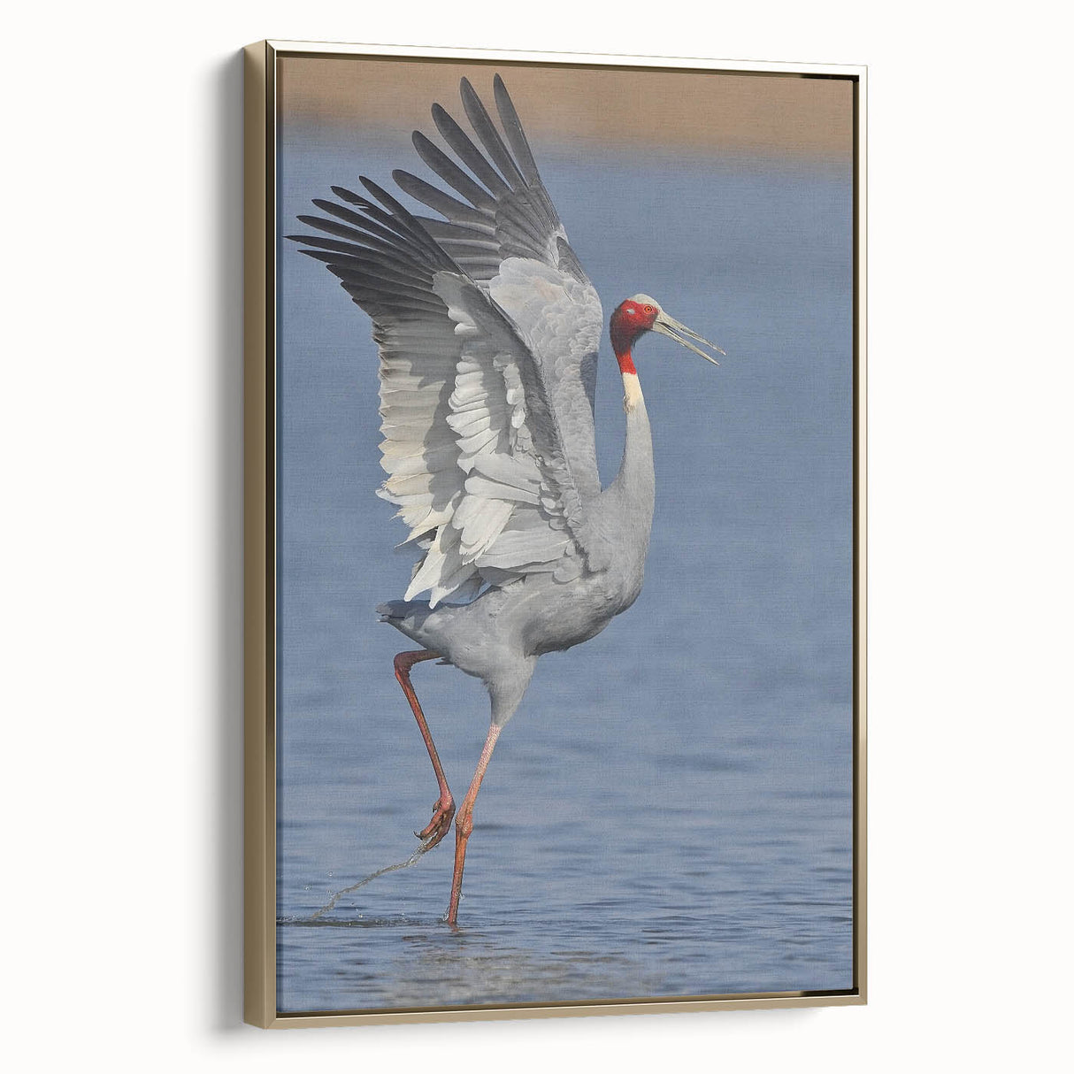 Framed wall art featuring a beautiful crane design in gold tones, elegantly displayed from the side, perfect for enhancing modern home decor.