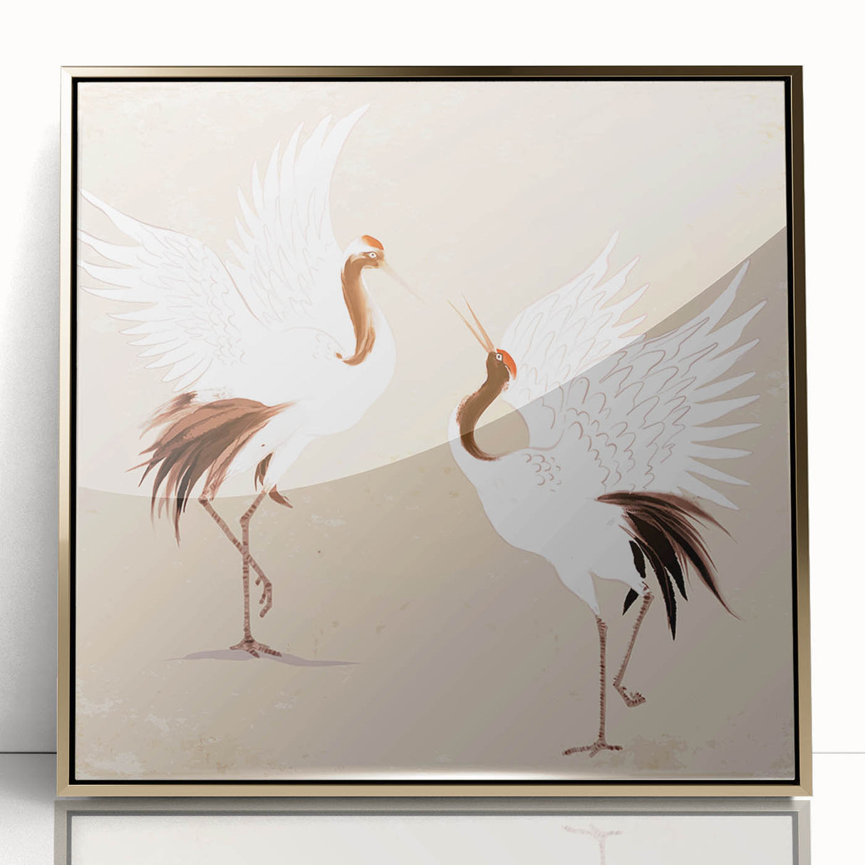 Framed wall art print featuring a detailed crane design in gold accents, set against a neutral background, ideal for modern home decor. Perfect for bird lovers and art enthusiasts.