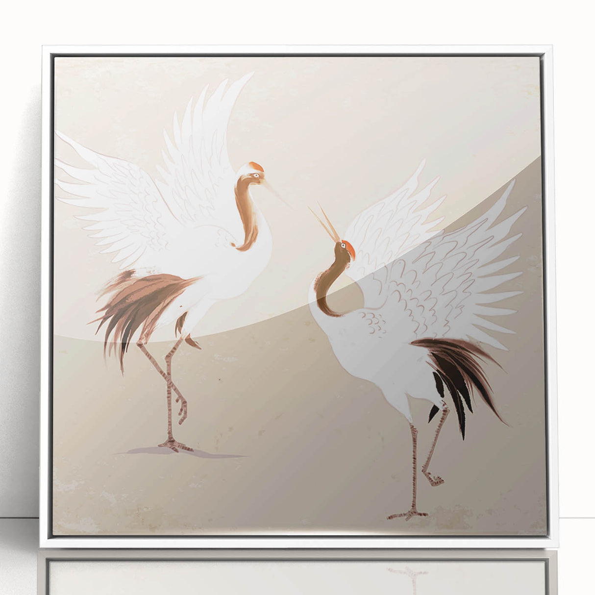 Framed wall art featuring a minimalist crane design on a white background, ideal for modern decor, showcasing elegance and tranquility in home interiors.