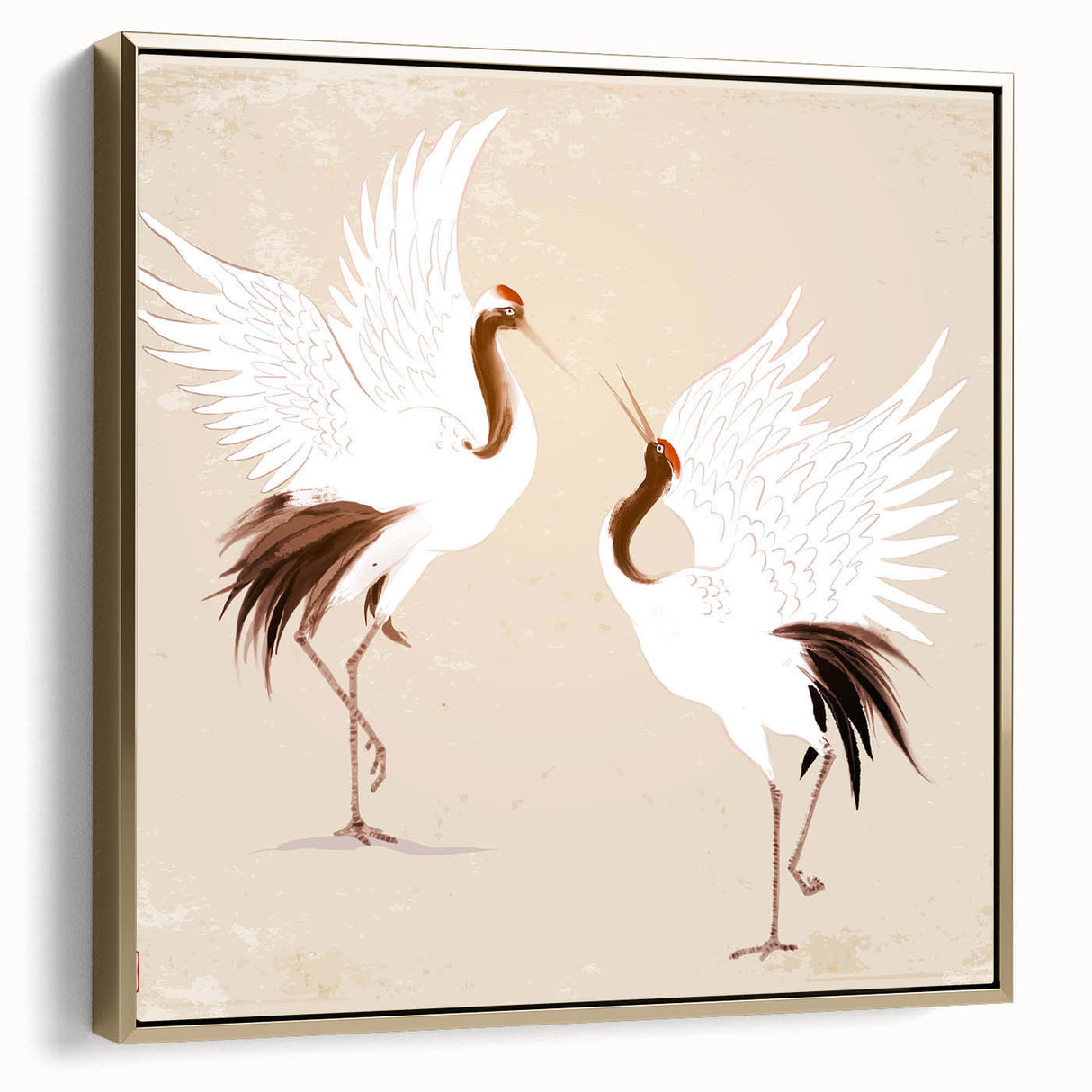 Framed canvas wall art featuring a graceful crane design in gold, showcasing elegant details and a sophisticated side view, perfect for modern home decor.