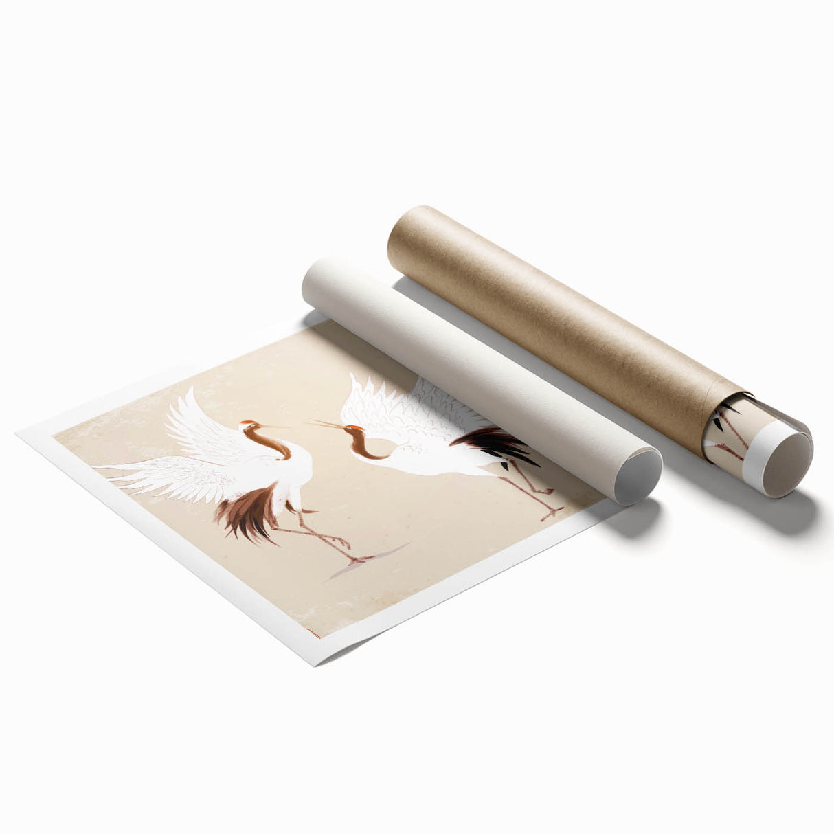 Elegant crane design wall art print showcasing vibrant colors and intricate details, rolled and ready for display in a protective cardboard tube. Perfect for enhancing home decor.