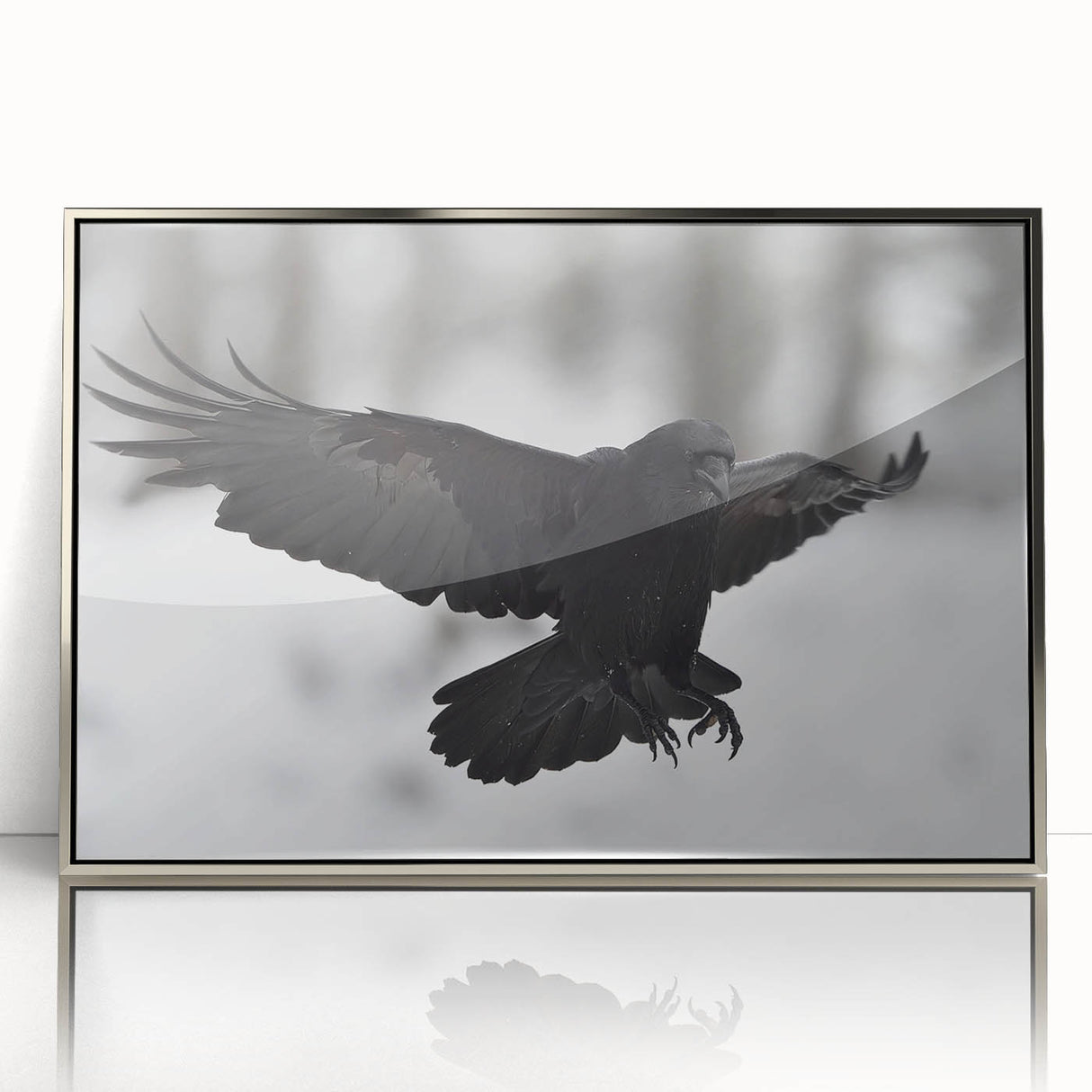 Framed wall art featuring a detailed design of a crow and raven, set in a sleek silver frame, ideal for enhancing modern home decor with a touch of nature-inspired elegance.