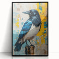 Framed wall art featuring a striking design of a crow and raven, showcasing intricate details in black and white against an acrylic background, ideal for modern decor.