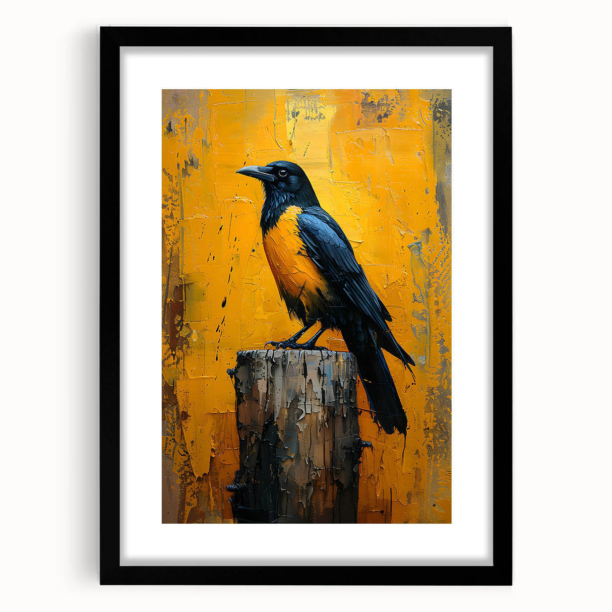 Black-framed wall art showcasing a detailed design of a crow and raven, perfect for nature enthusiasts, enhancing home decor with a touch of elegance.
