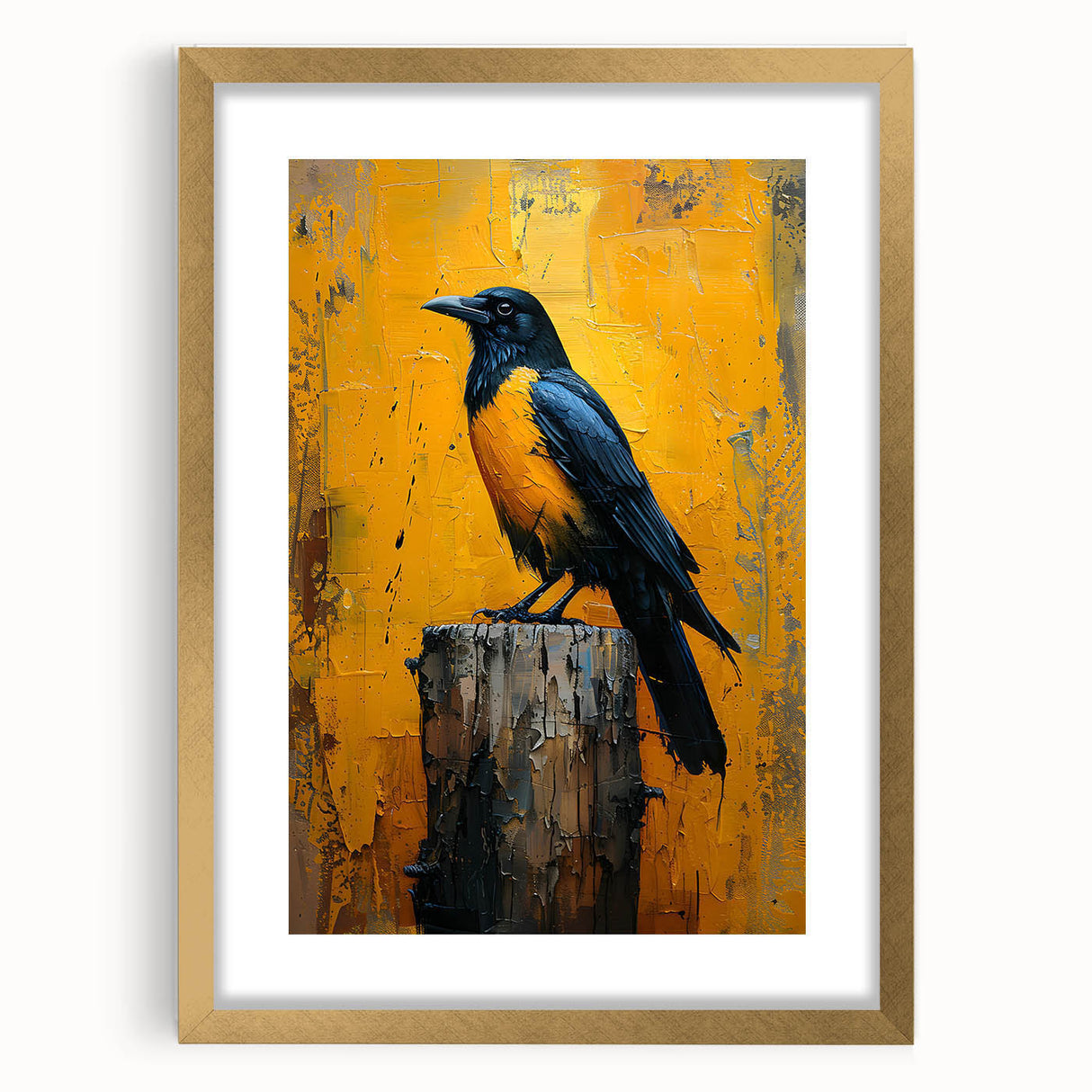 Framed wall art collection featuring a crow and raven design, elegantly matted with a gold frame, perfect for enhancing modern home decor. Ideal for bird lovers.