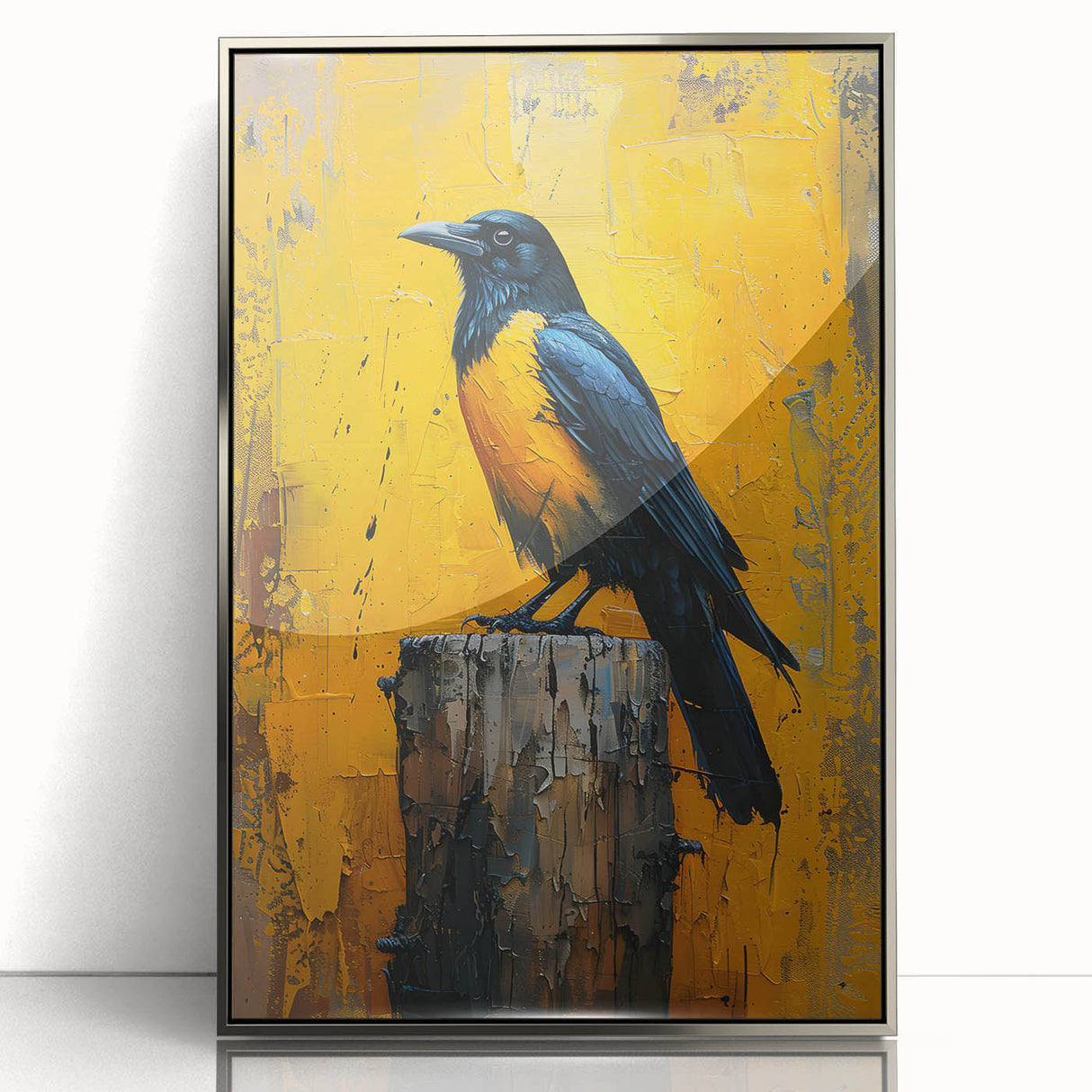 Framed wall art featuring a striking design of crows and ravens in a silver-acrylic finish, ideal for adding a touch of elegance to modern decor.