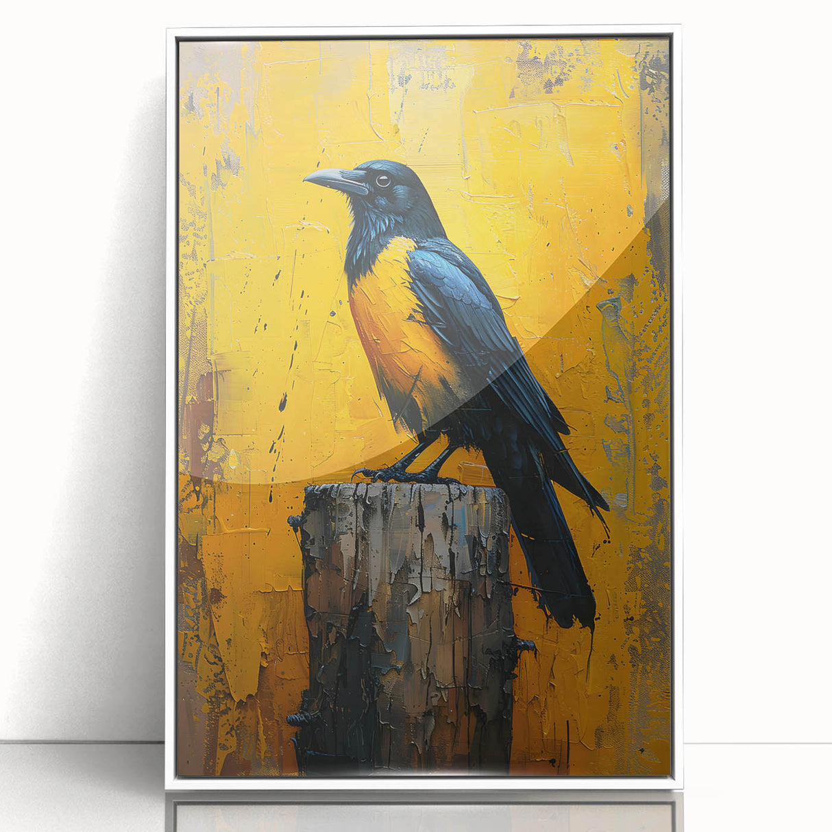 Framed wall art featuring a striking design of a crow and raven, presented in a sleek white frame with acrylic glass, perfect for enhancing home decor and bird-themed aesthetics.