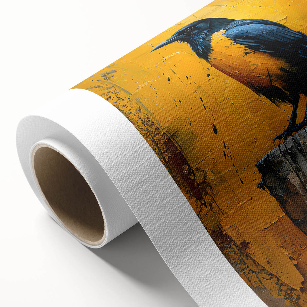 Black crow and raven wall art design on rolled canvas, showcasing intricate details and vibrant colors, ideal for home decor enthusiasts. Perfect for adding a touch of nature-inspired elegance to any space.