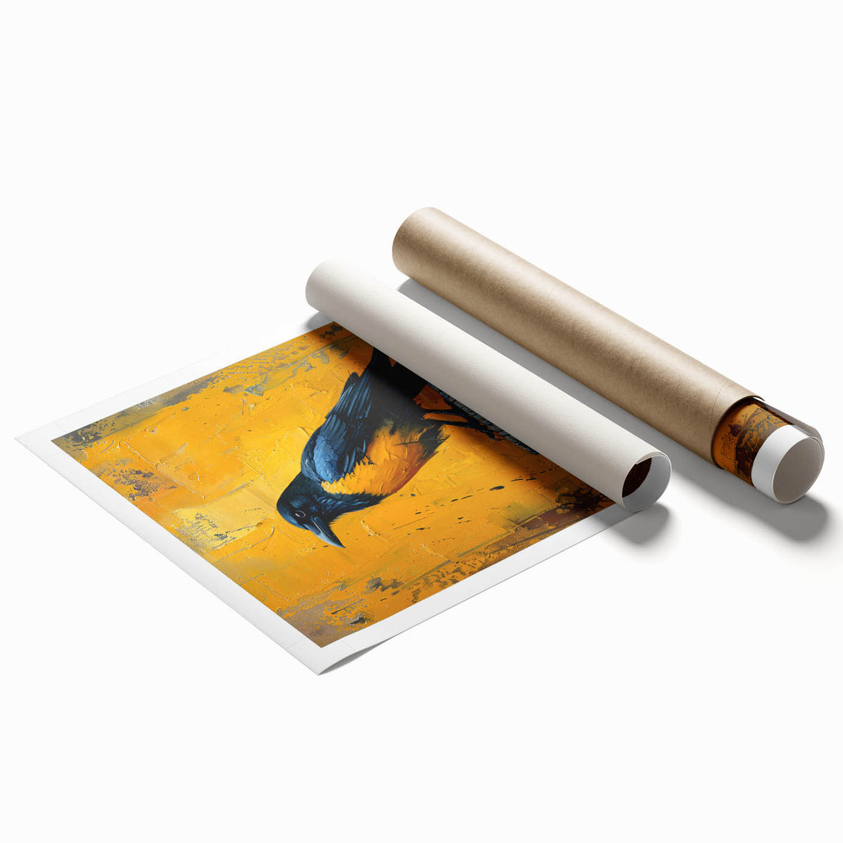 Artistic print showcasing a crow and raven design in a vibrant color palette, rolled for easy shipping and perfect for wall decor enthusiasts. Ideal for nature lovers and home decorators seeking unique artwork.