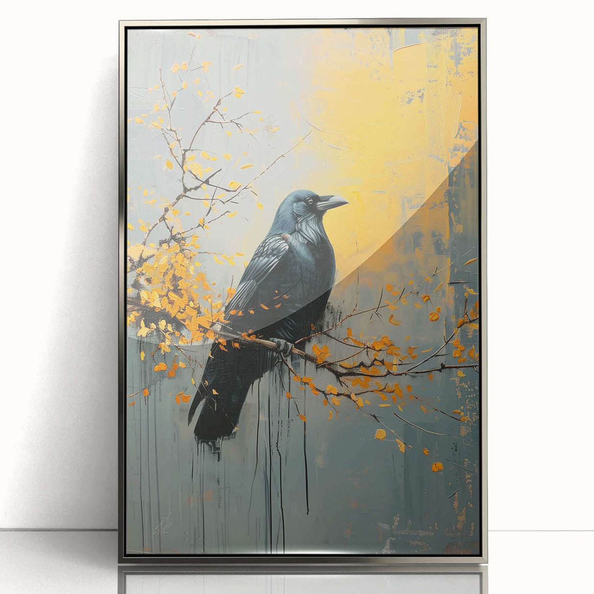 Framed wall art featuring a striking design of a crow and raven in intricate detail, presented in a sleek silver frame, ideal for modern home decor.